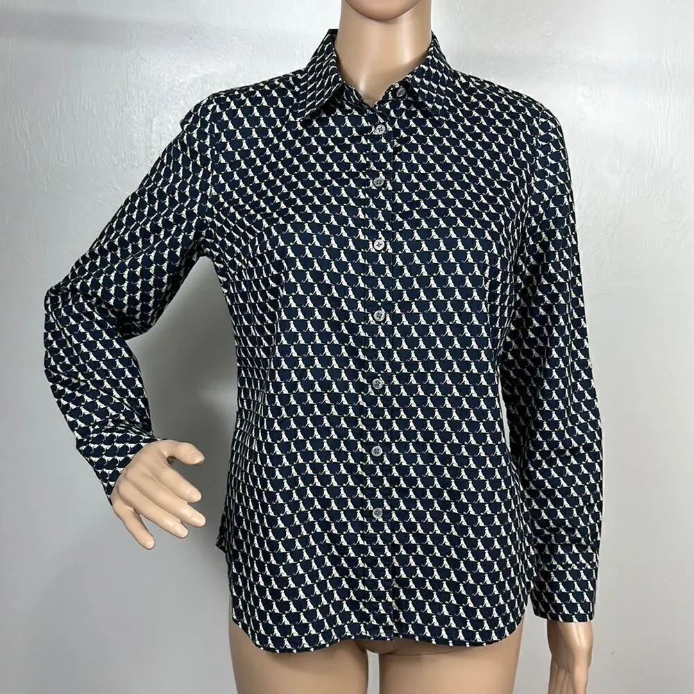 Talbots Cotton Navy Blue Dog Print Long Sleeve Button Down Shirt Size 6P
